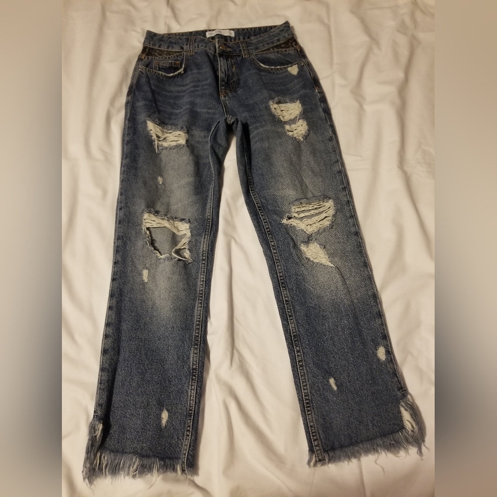 Zara Basic Z1975 Denim Leopard Waist Crop Ripped Jeans Blue Size 00
